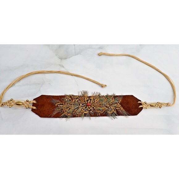 Western Feather Cowboy Hatband on Leather with Beaded Macrame Ties Adjustable - Picture 2 of 10